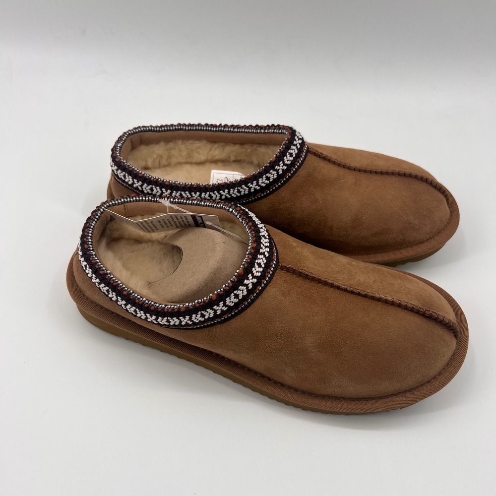 Kirkland Signature Shearling Suede Slippers Chestnut Brown Braid Size 7 NEW